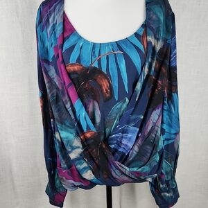 Karen Kane Multicolor Tropical Print Faux Wrap Blouse